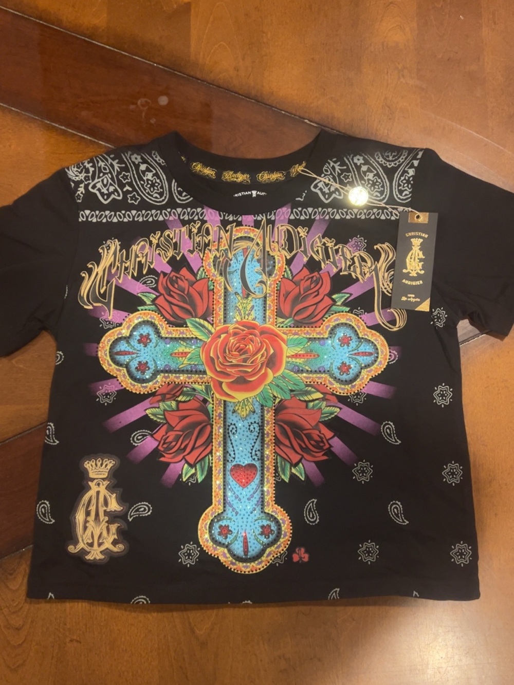 Christian Audigier Black Graphic Cross Tee with Roses